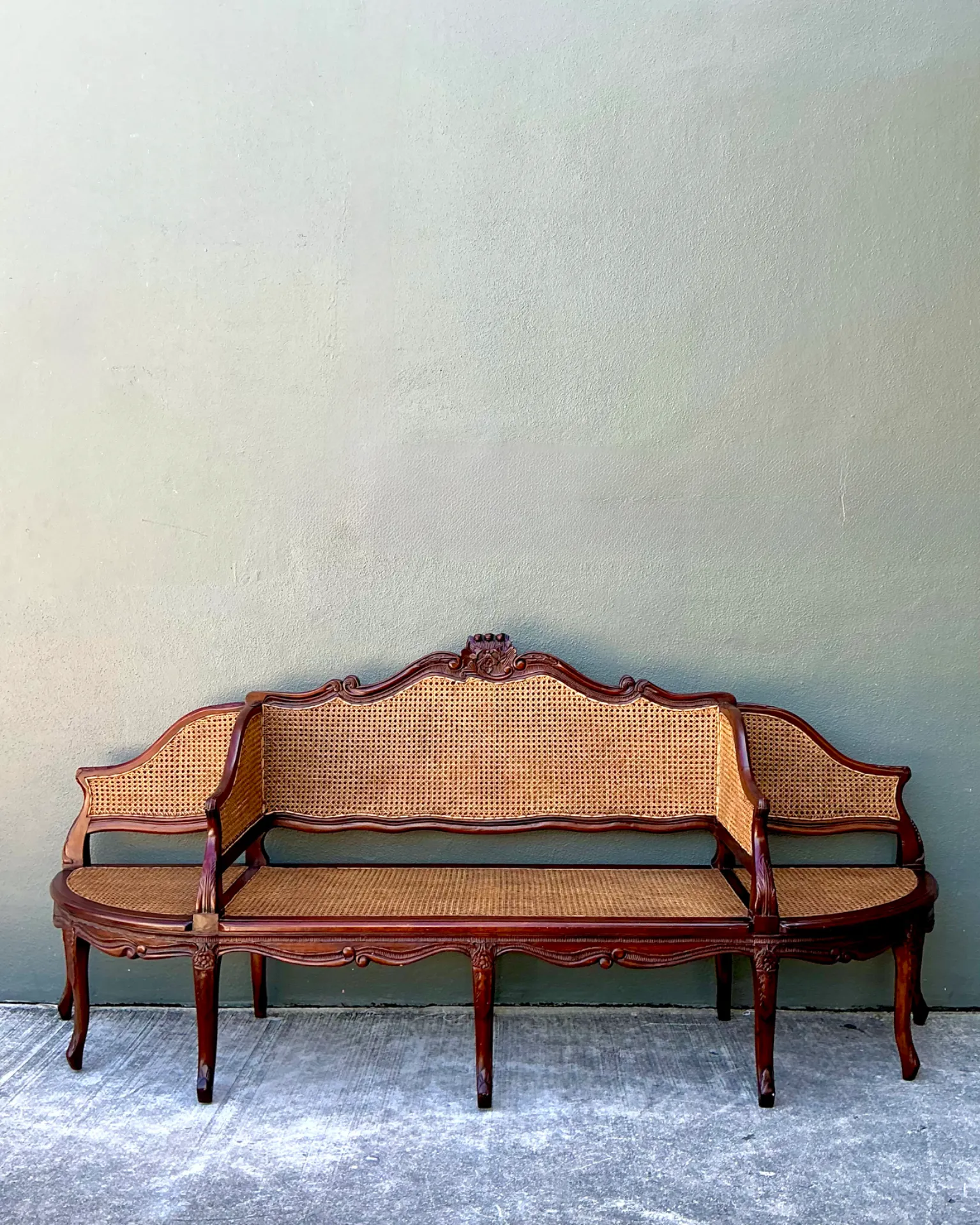 Vintage Carved Wood and Cane Settee — additional photo 2