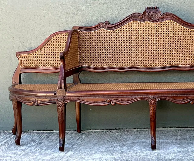 Vintage Carved Wood and Cane Settee — additional photo 4