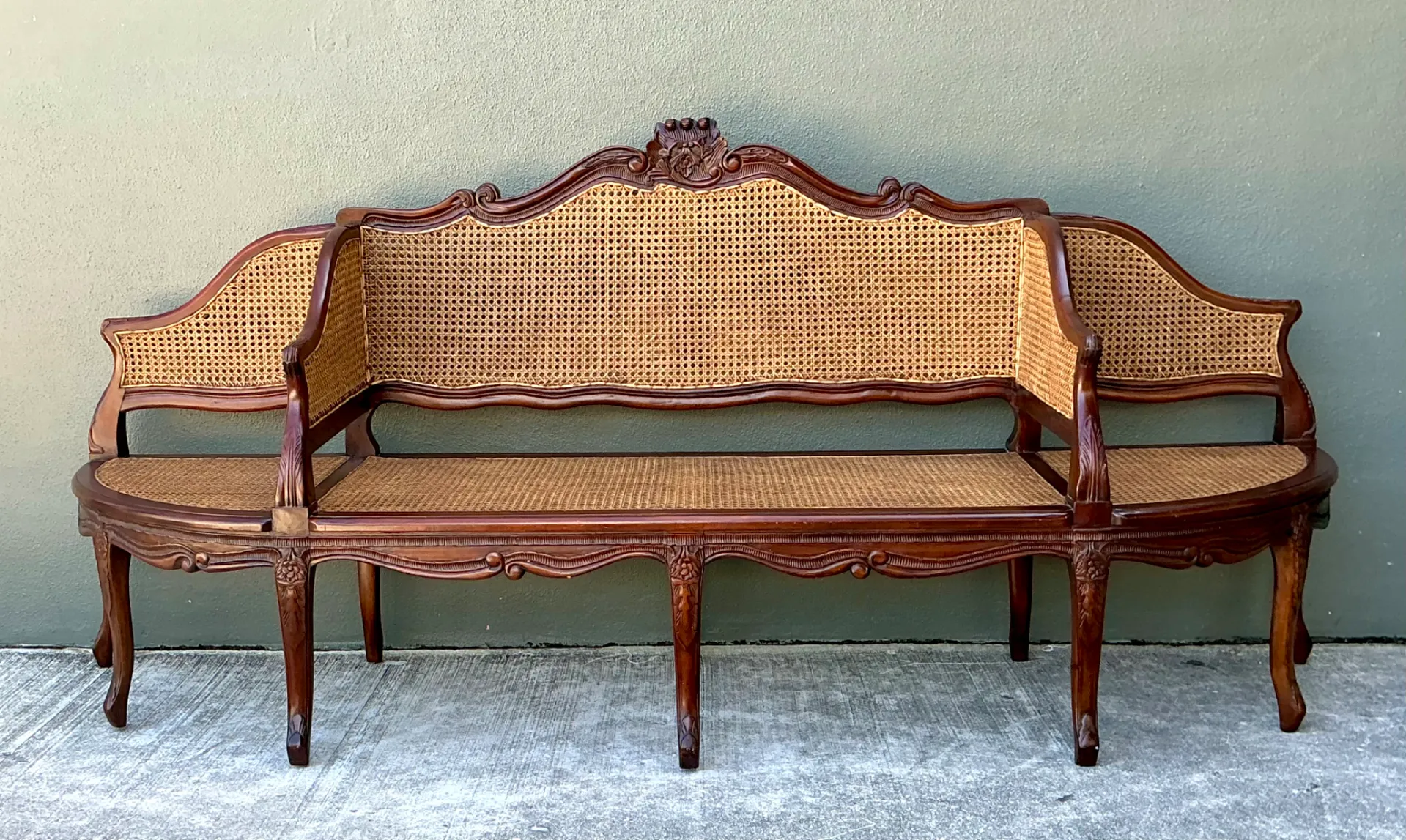 Vintage Carved Wood and Cane Settee — additional photo 6