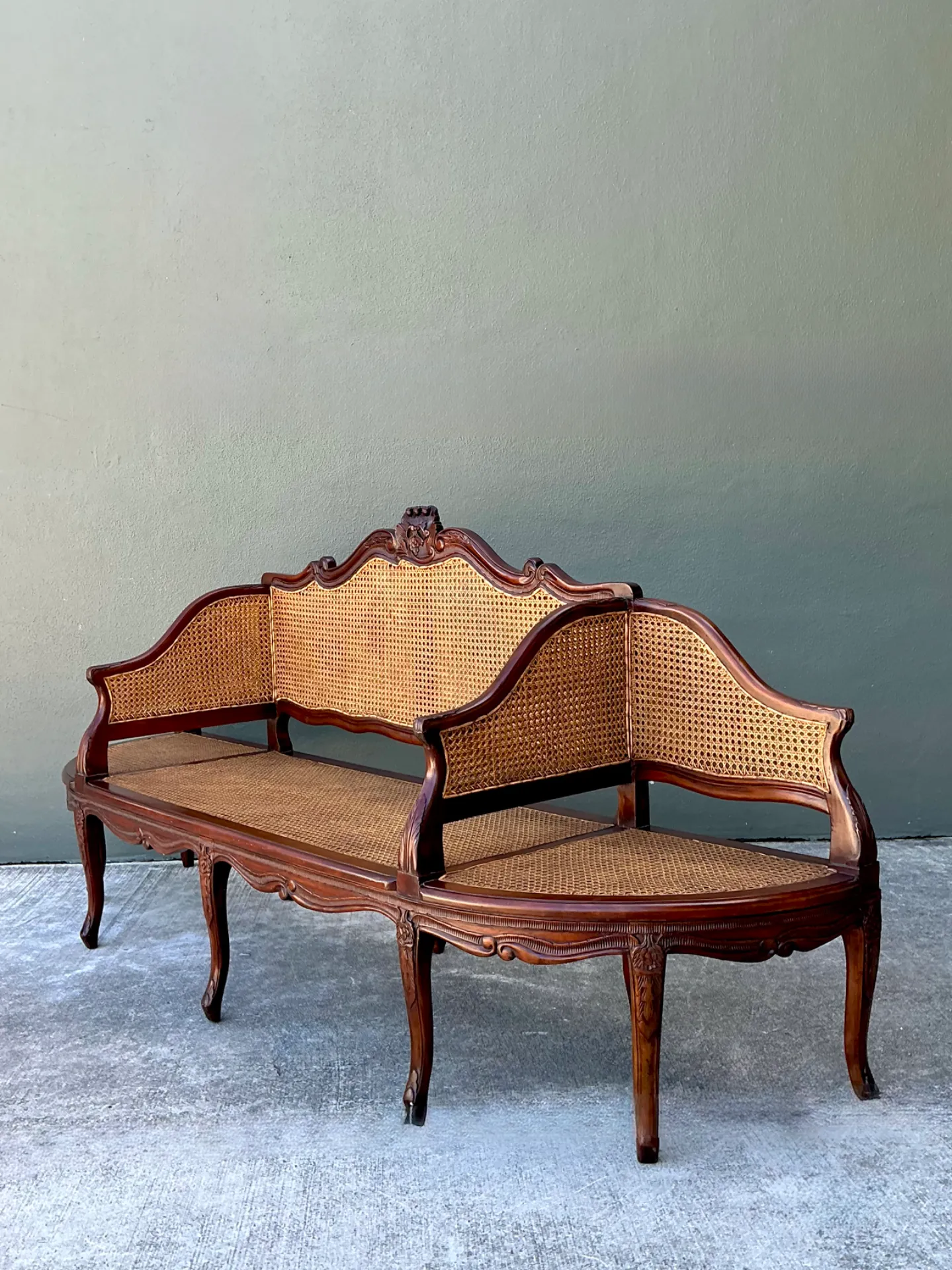 Vintage Carved Wood and Cane Settee — additional photo 8