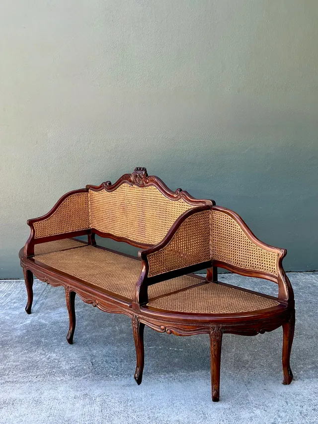 Vintage Carved Wood and Cane Settee — additional photo 1