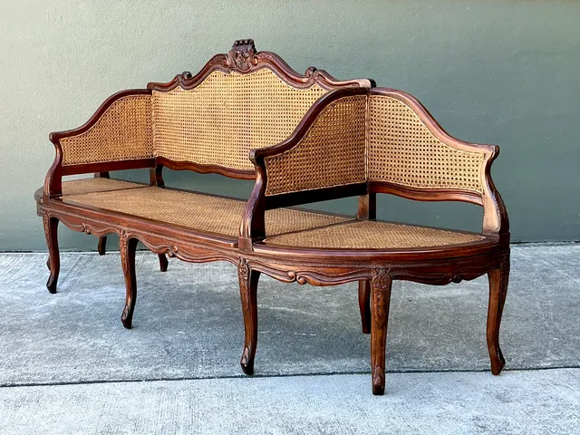 Vintage Carved Wood and Cane Settee — additional photo 3