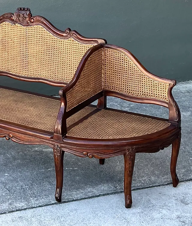Vintage Carved Wood and Cane Settee — additional photo 5