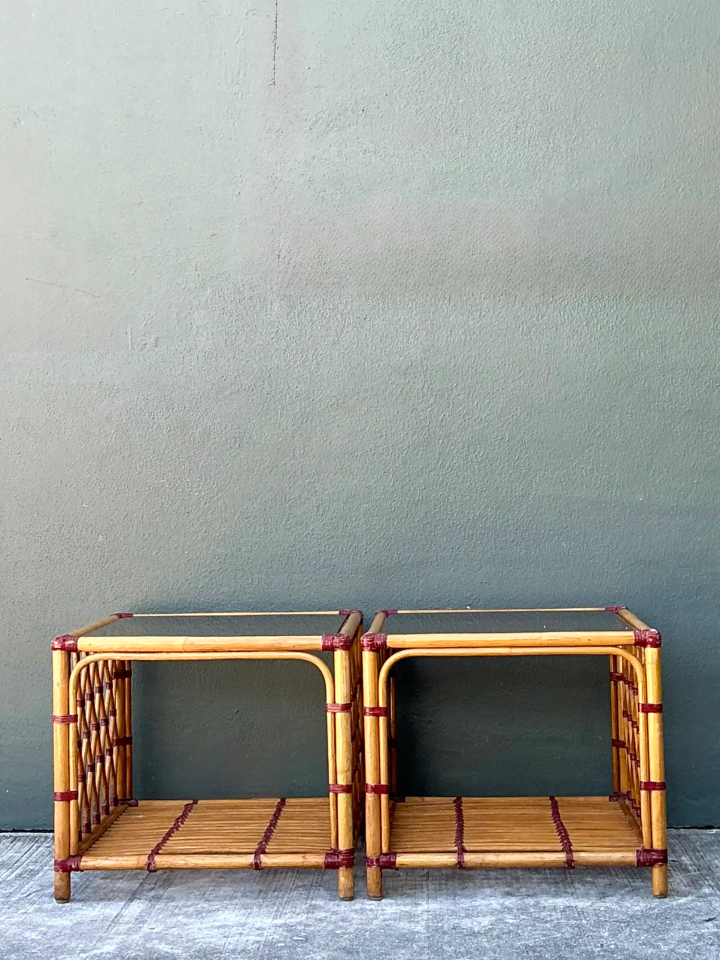 Vintage Trellis Rattan and Glass Side Tables - Pair — additional photo 4