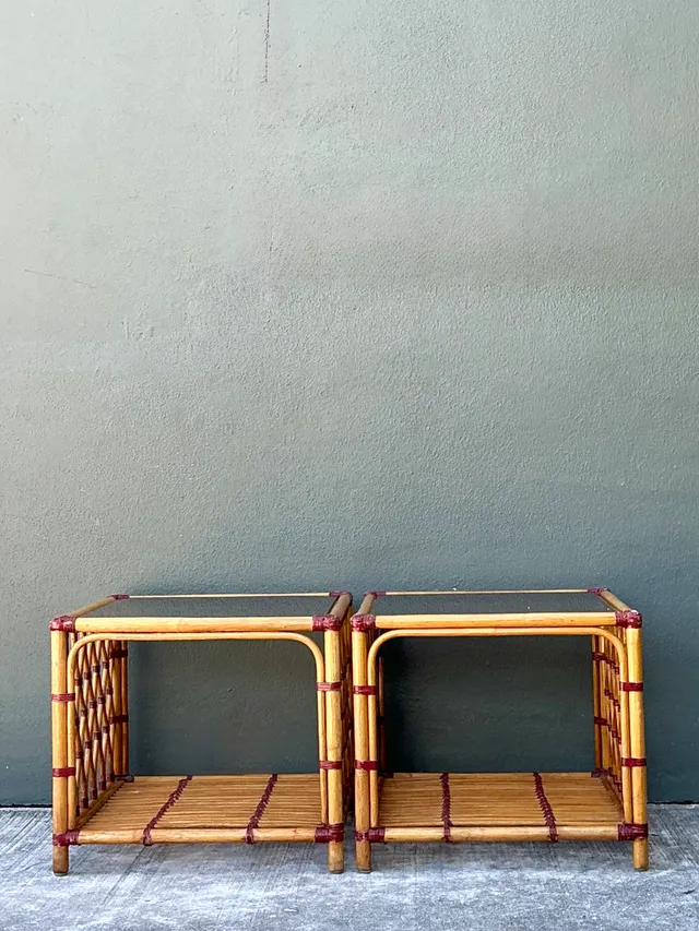 Vintage Trellis Rattan and Glass Side Tables - Pair — additional photo 4