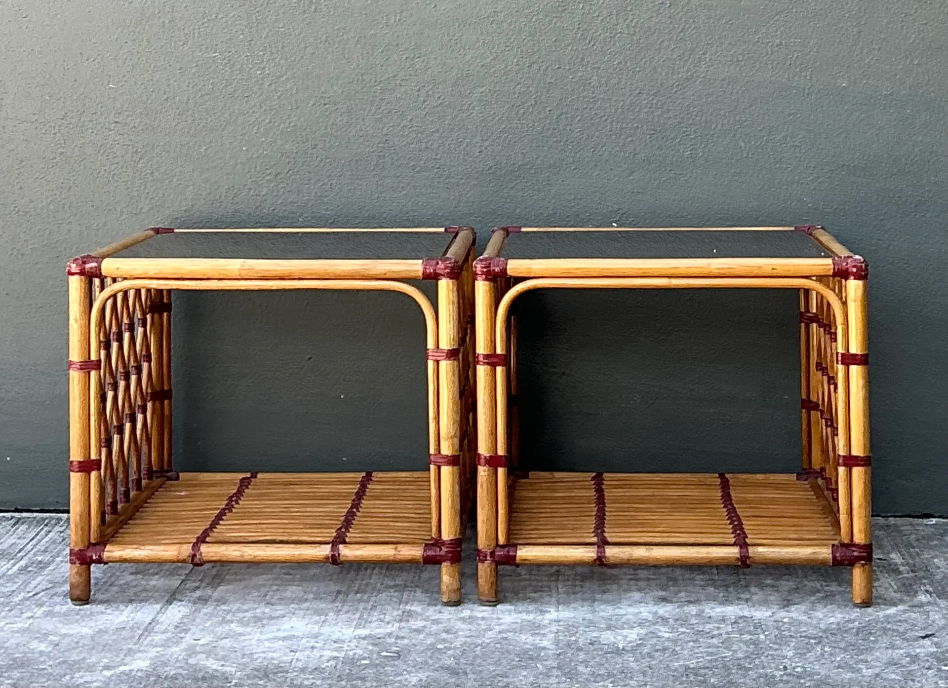 Vintage Trellis Rattan and Glass Side Tables - Pair — additional photo 2