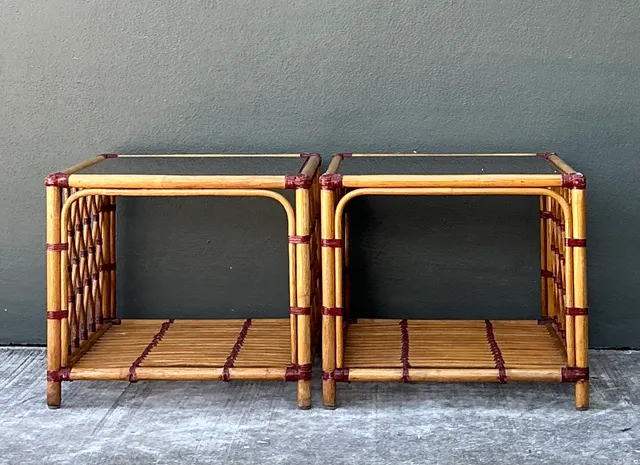 Vintage Trellis Rattan and Glass Side Tables - Pair — additional photo 2