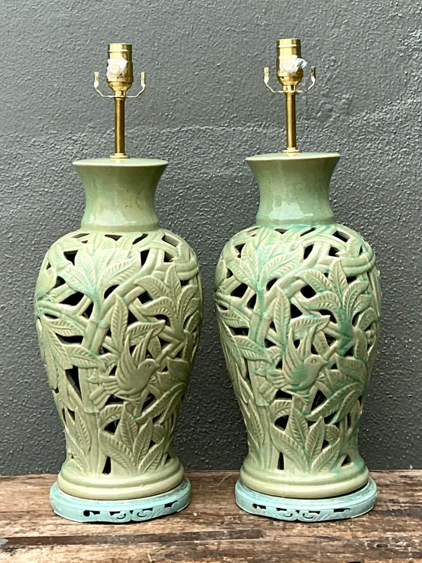 Vintage Cutout Green Ceramic Table Lamps - Pair — additional photo 8