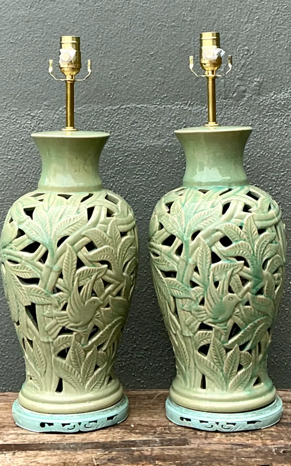 Vintage Cutout Green Ceramic Table Lamps - Pair — additional photo 8