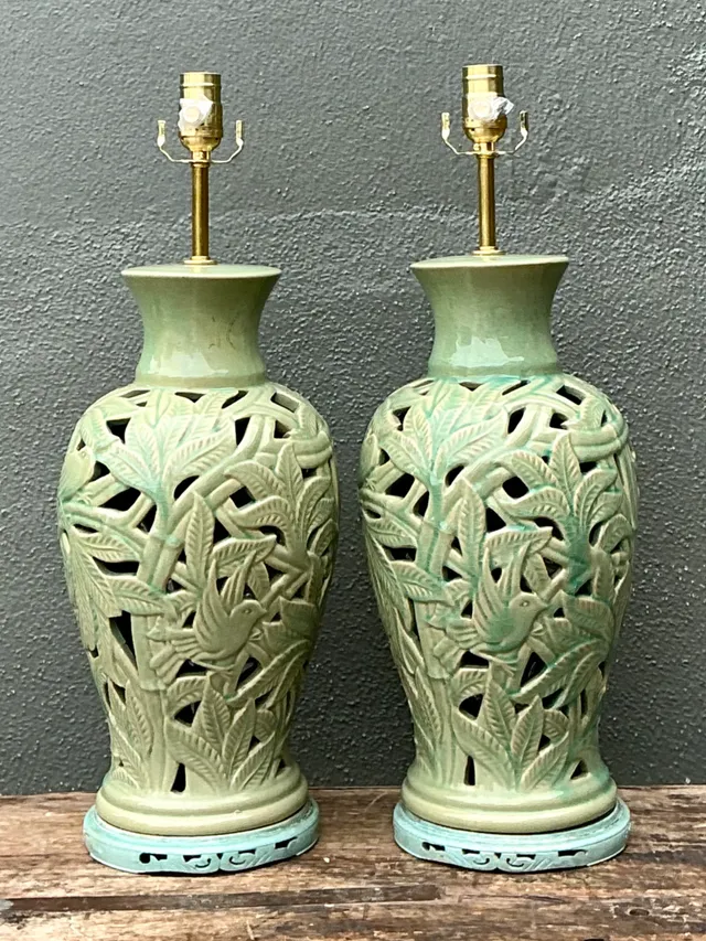 Vintage Cutout Green Ceramic Table Lamps - Pair — additional photo 8