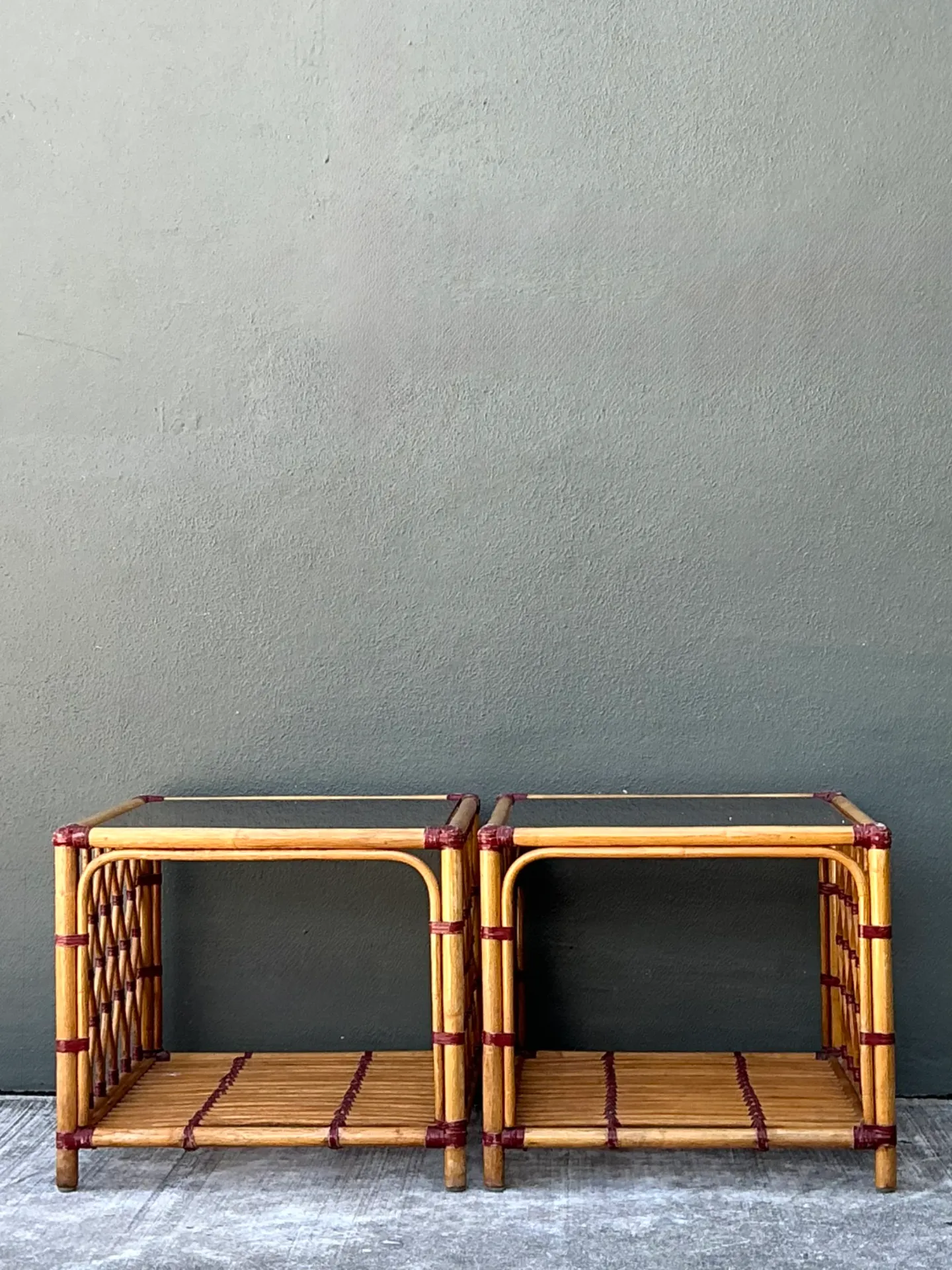 Vintage Trellis Rattan and Glass Side Tables - Pair — additional photo 6
