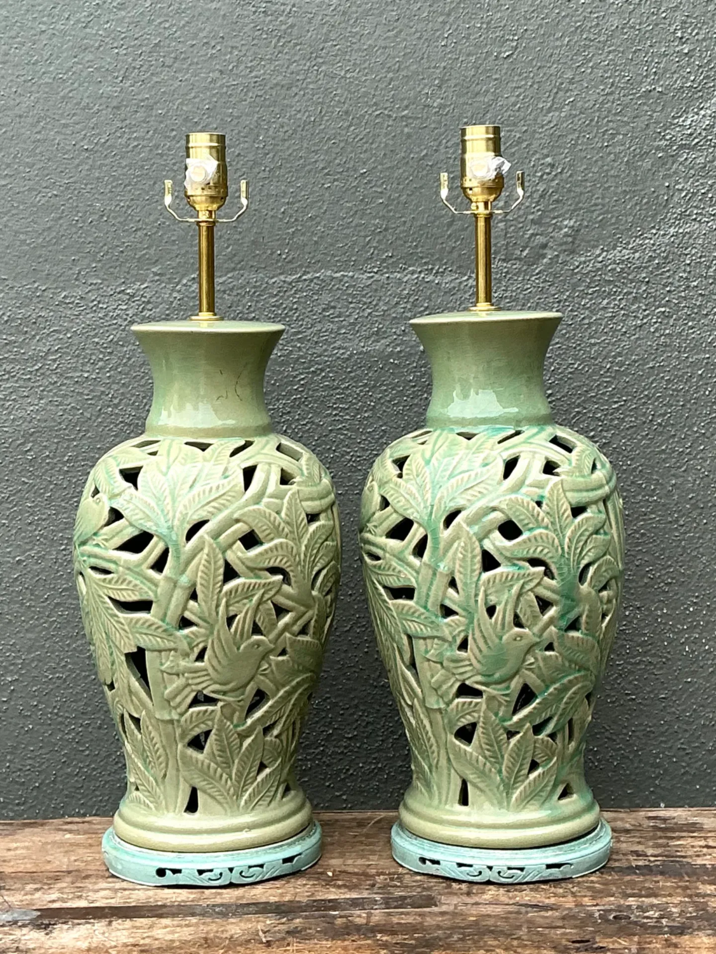 Vintage Cutout Green Ceramic Table Lamps - Pair — additional photo 2