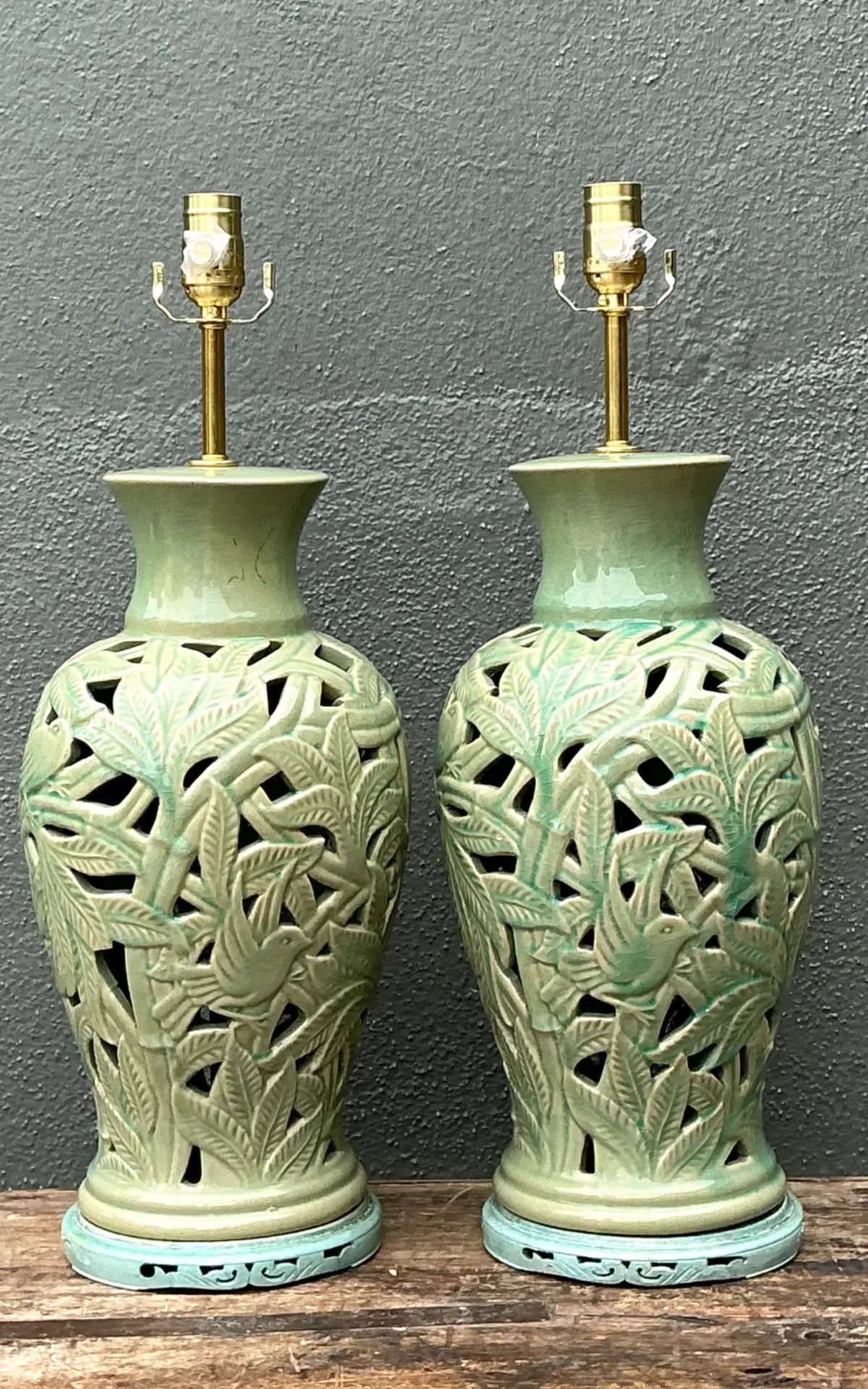 Vintage Cutout Green Ceramic Table Lamps - Pair — additional photo 2