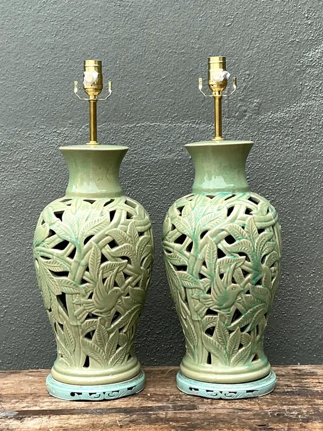 Vintage Cutout Green Ceramic Table Lamps - Pair — additional photo 2