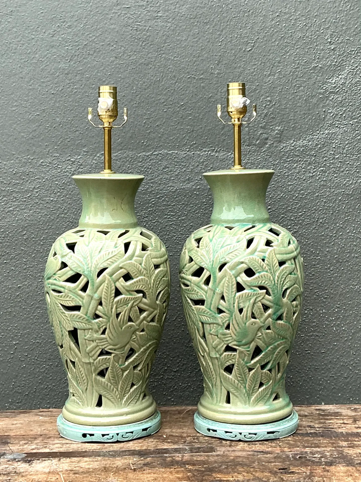 Vintage Cutout Green Ceramic Table Lamps - Pair — additional photo 4