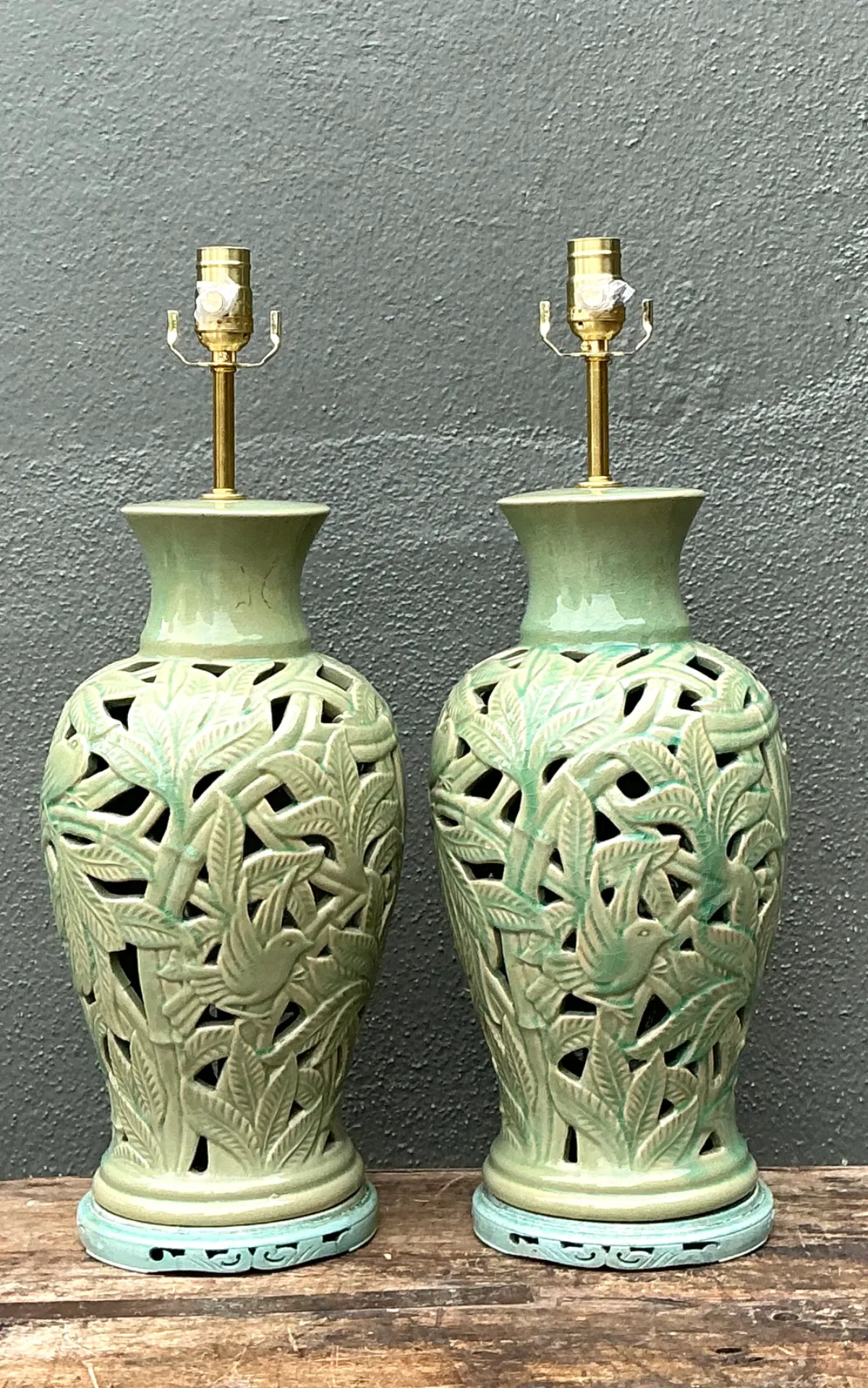 Vintage Cutout Green Ceramic Table Lamps - Pair — additional photo 4