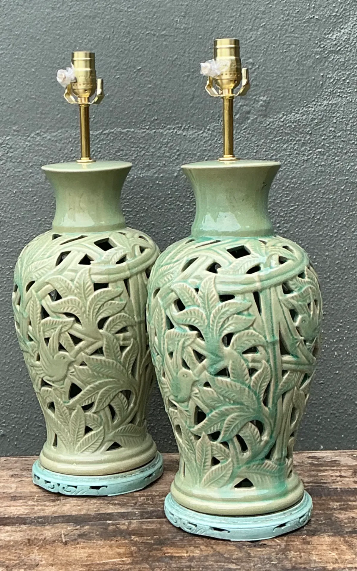 Vintage Cutout Green Ceramic Table Lamps - Pair — additional photo 6
