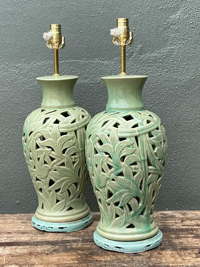 Vintage Cutout Green Ceramic Table Lamps - Pair — additional photo 6