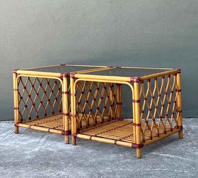 Vintage Trellis Rattan and Glass Side Tables - Pair — additional photo 8