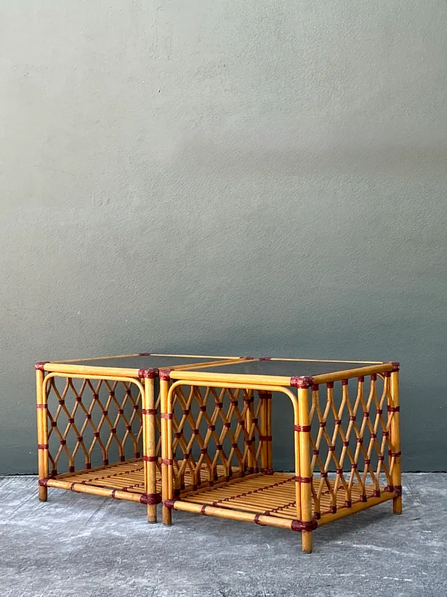 Vintage Trellis Rattan and Glass Side Tables - Pair — additional photo 5