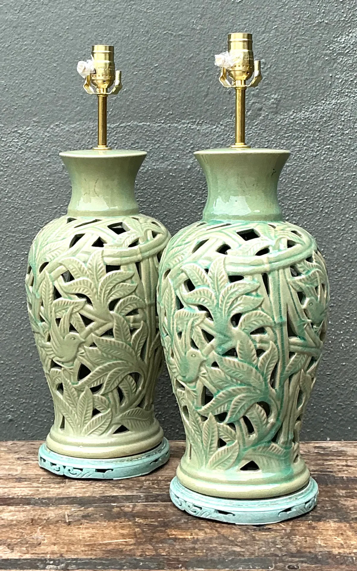 Vintage Cutout Green Ceramic Table Lamps - Pair — additional photo 1