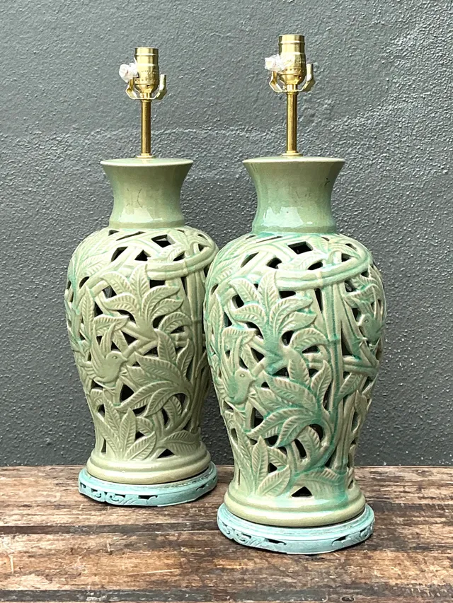 Vintage Cutout Green Ceramic Table Lamps - Pair — additional photo 1