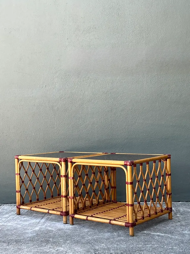 Vintage Trellis Rattan and Glass Side Tables - Pair — additional photo 3