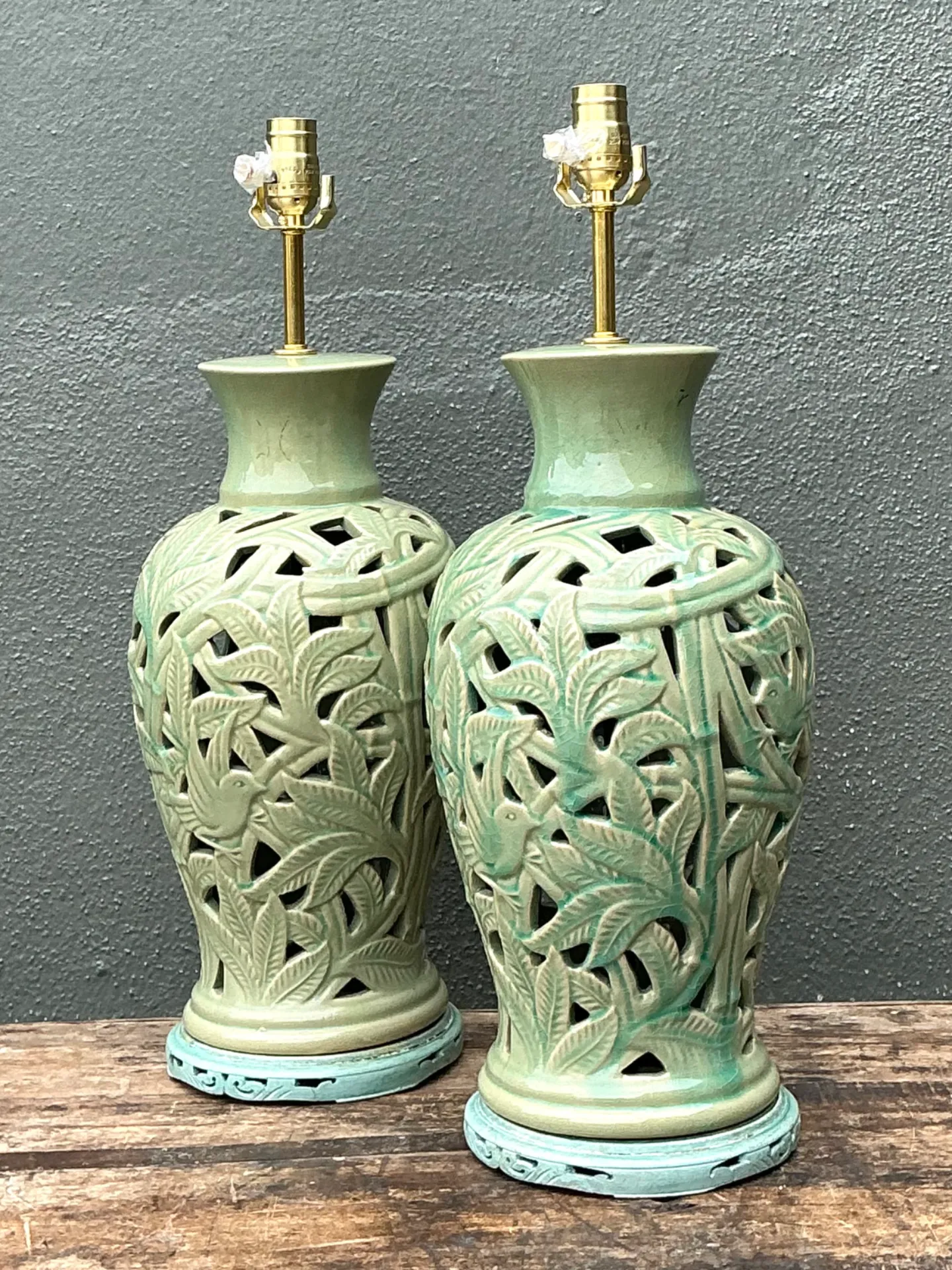 Vintage Cutout Green Ceramic Table Lamps - Pair — additional photo 3