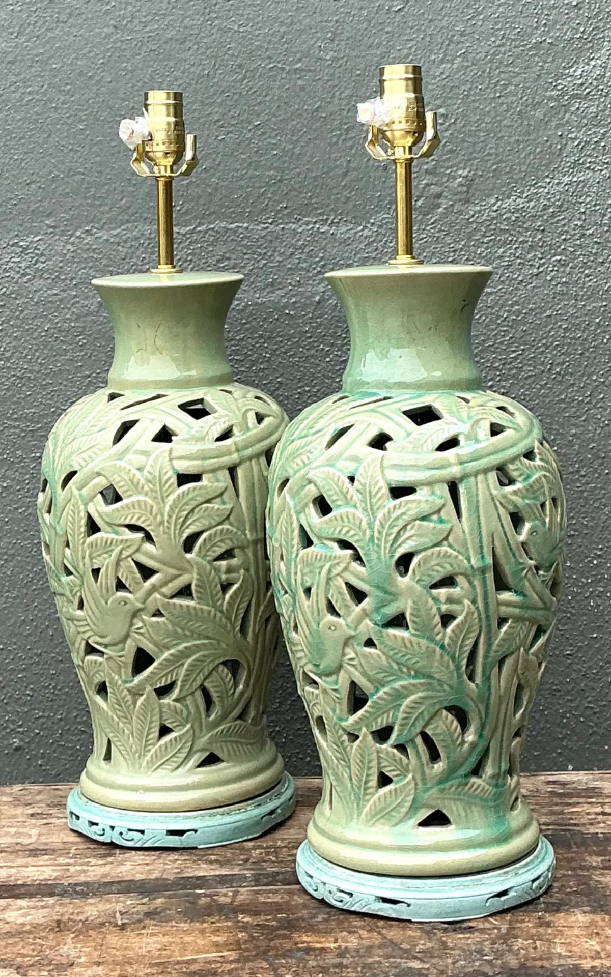 Vintage Cutout Green Ceramic Table Lamps - Pair — additional photo 3