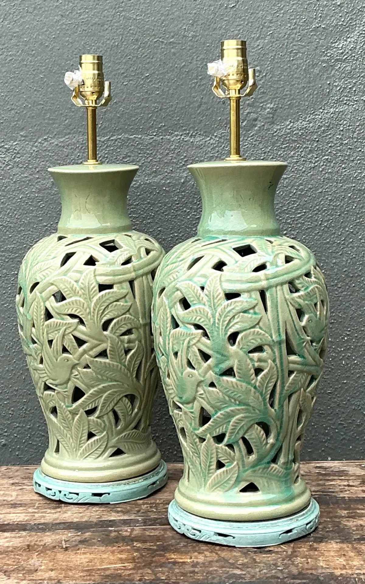 Vintage Cutout Green Ceramic Table Lamps - Pair — additional photo 5