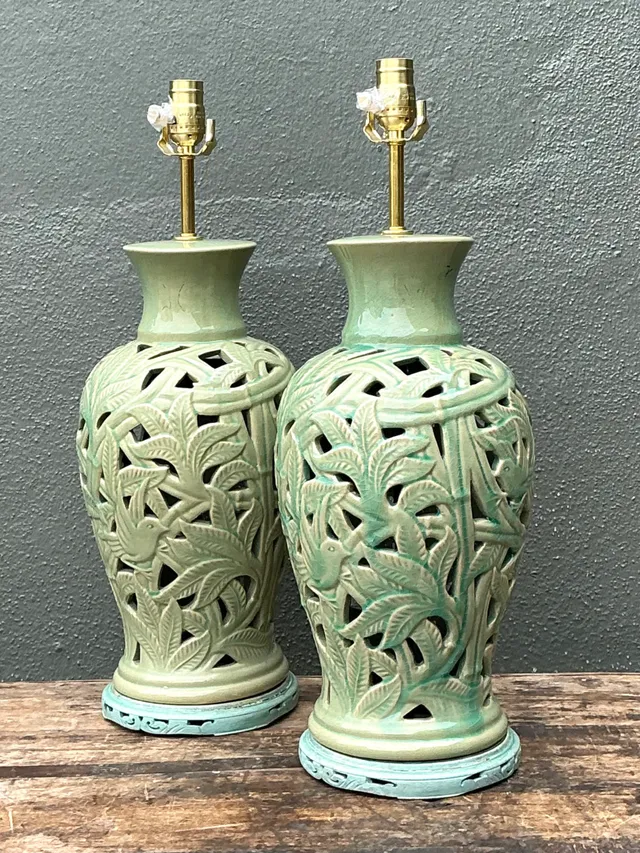 Vintage Cutout Green Ceramic Table Lamps - Pair — additional photo 5