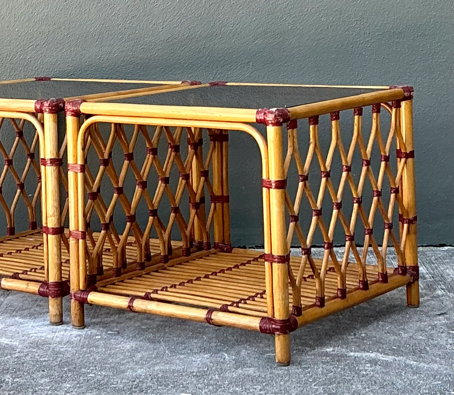 Vintage Trellis Rattan and Glass Side Tables - Pair — additional photo 1