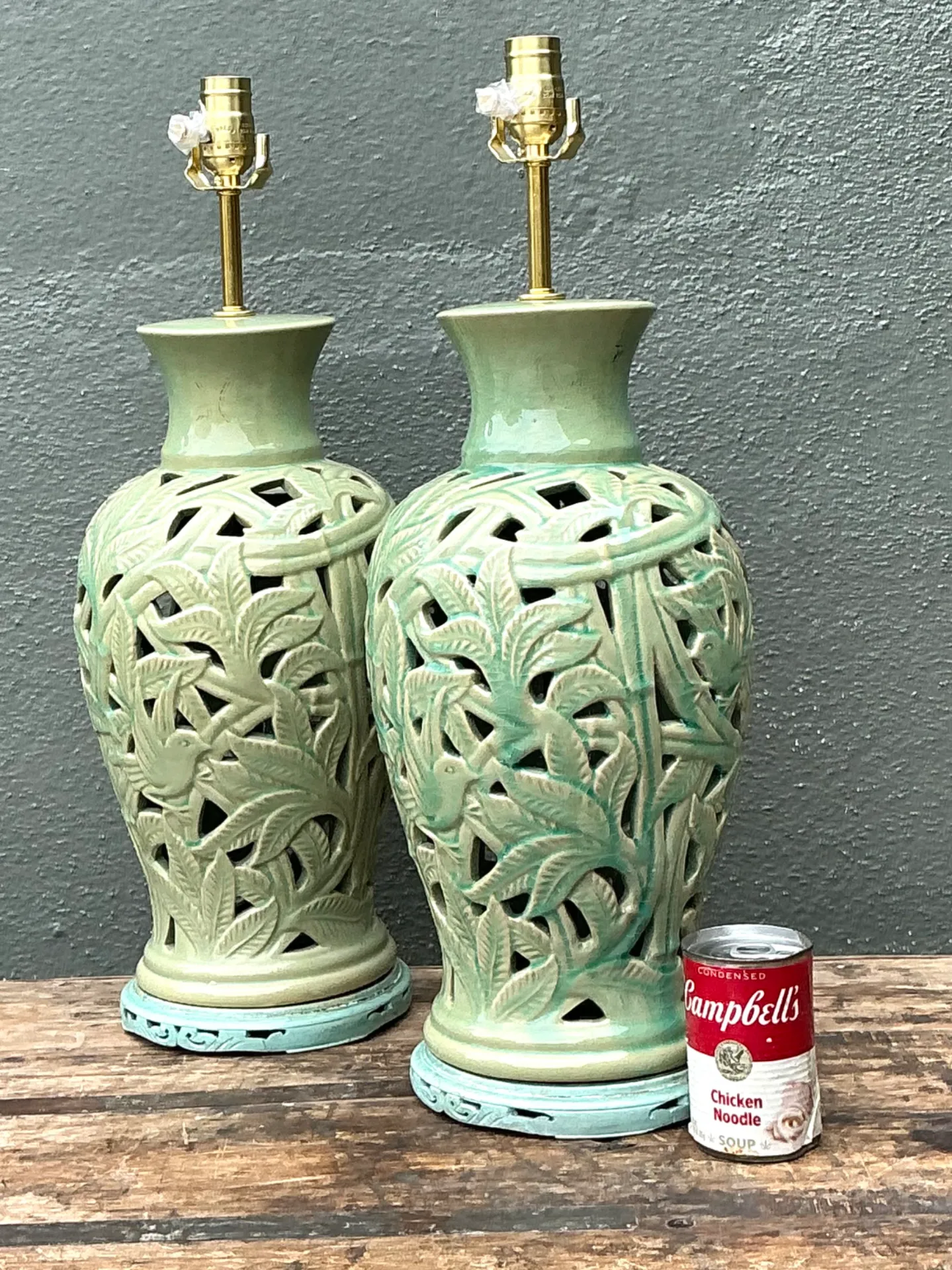 Vintage Cutout Green Ceramic Table Lamps - Pair — additional photo 7