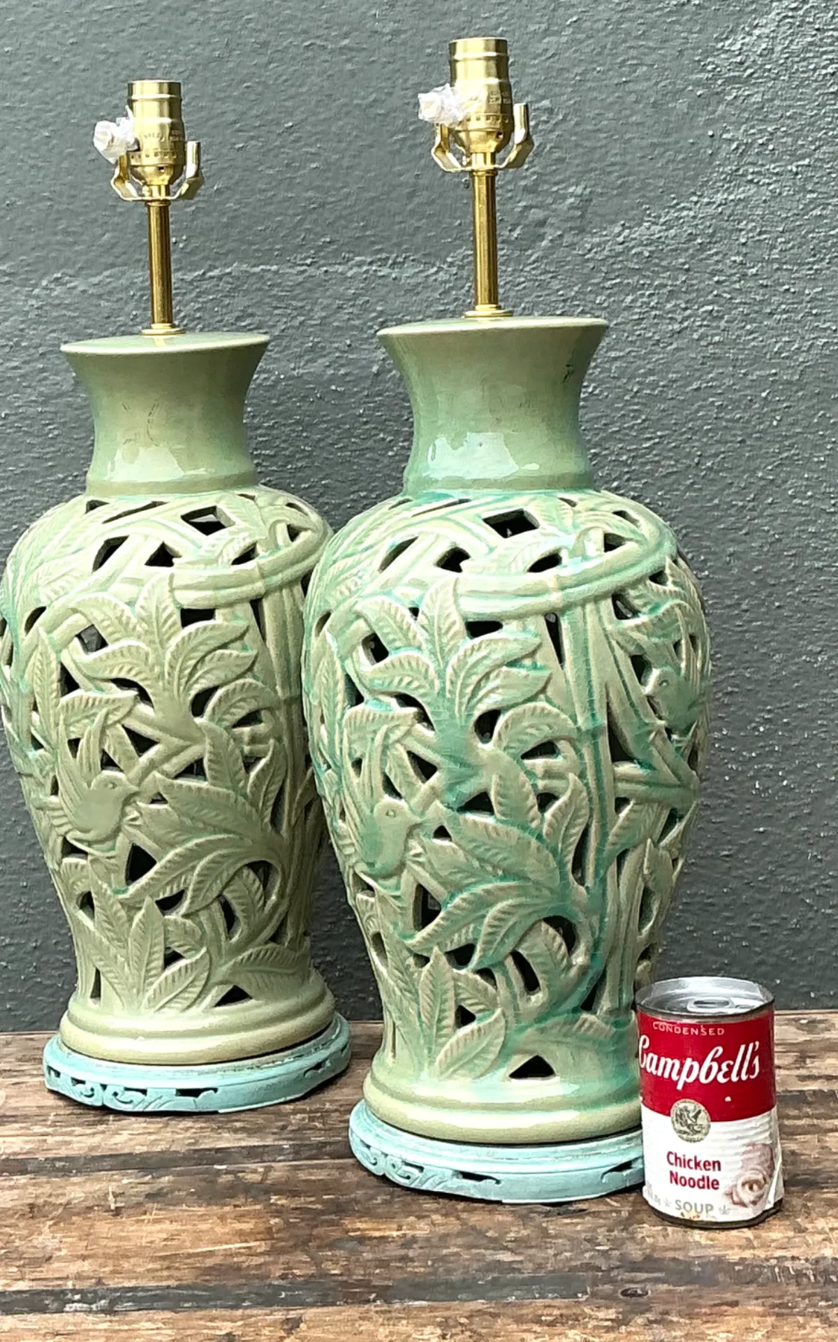 Vintage Cutout Green Ceramic Table Lamps - Pair — additional photo 7
