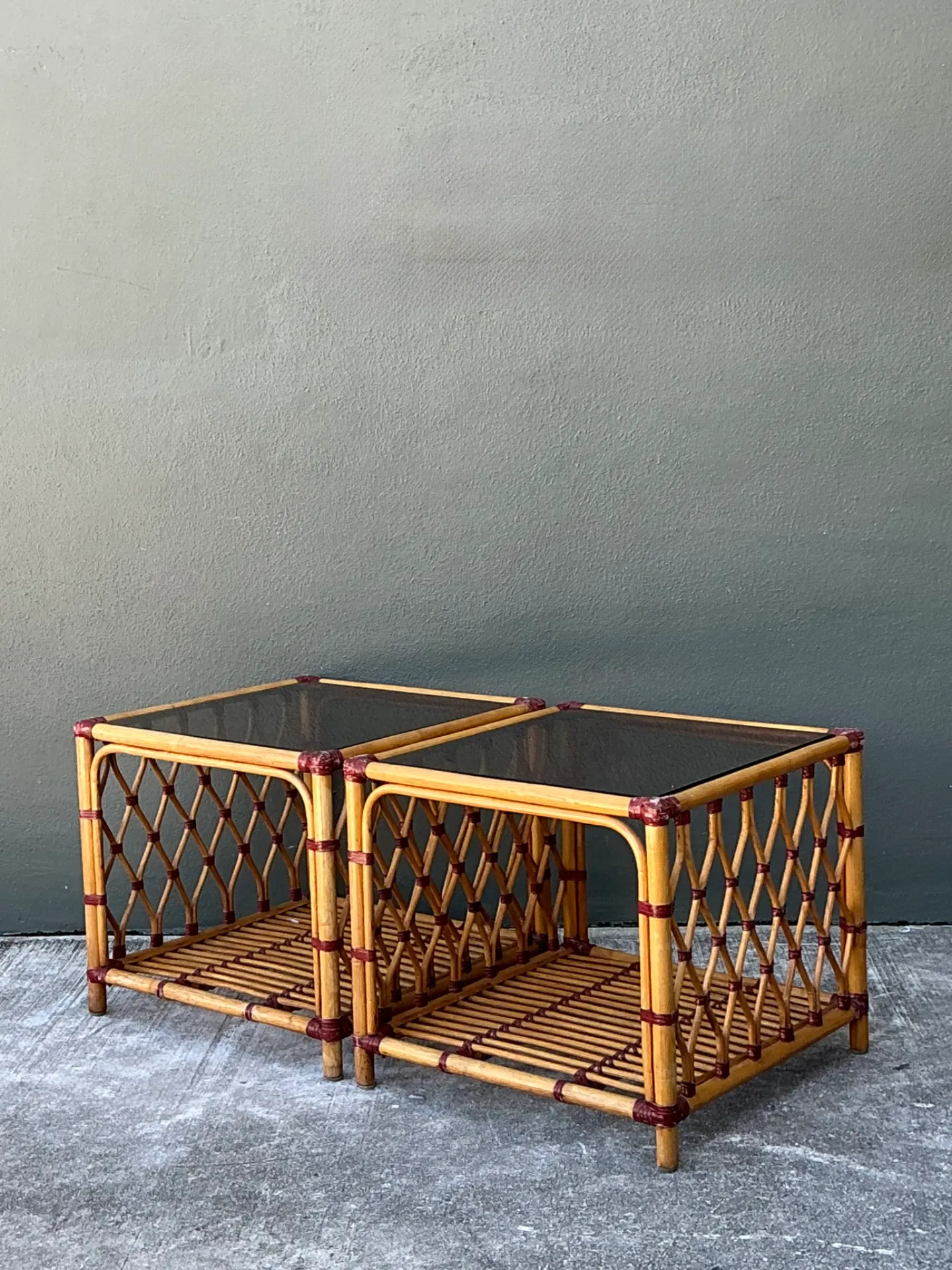 Vintage Trellis Rattan and Glass Side Tables - Pair — additional photo 7