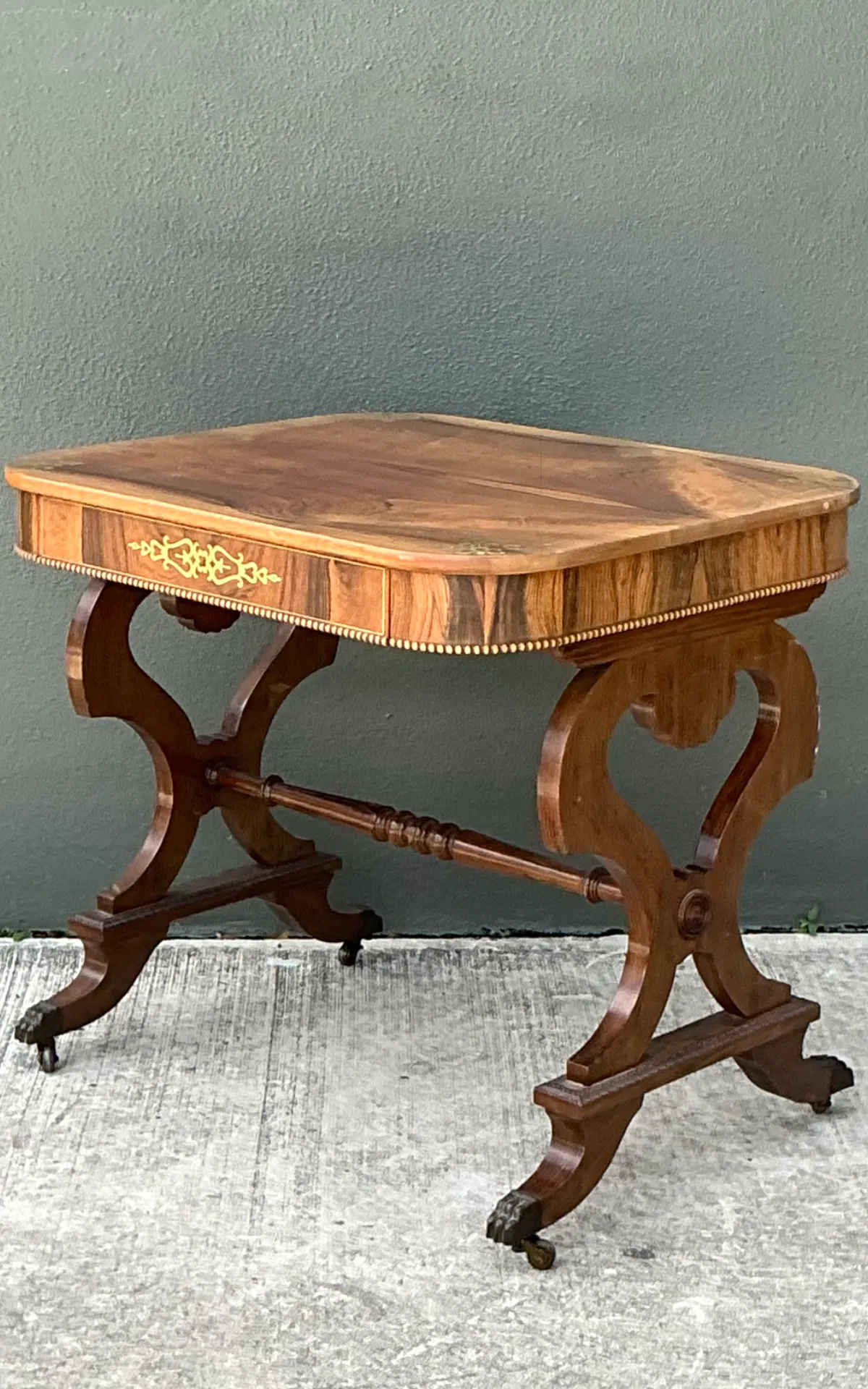 Vintage Wood and Brass Inlaid Side Table — additional photo 4