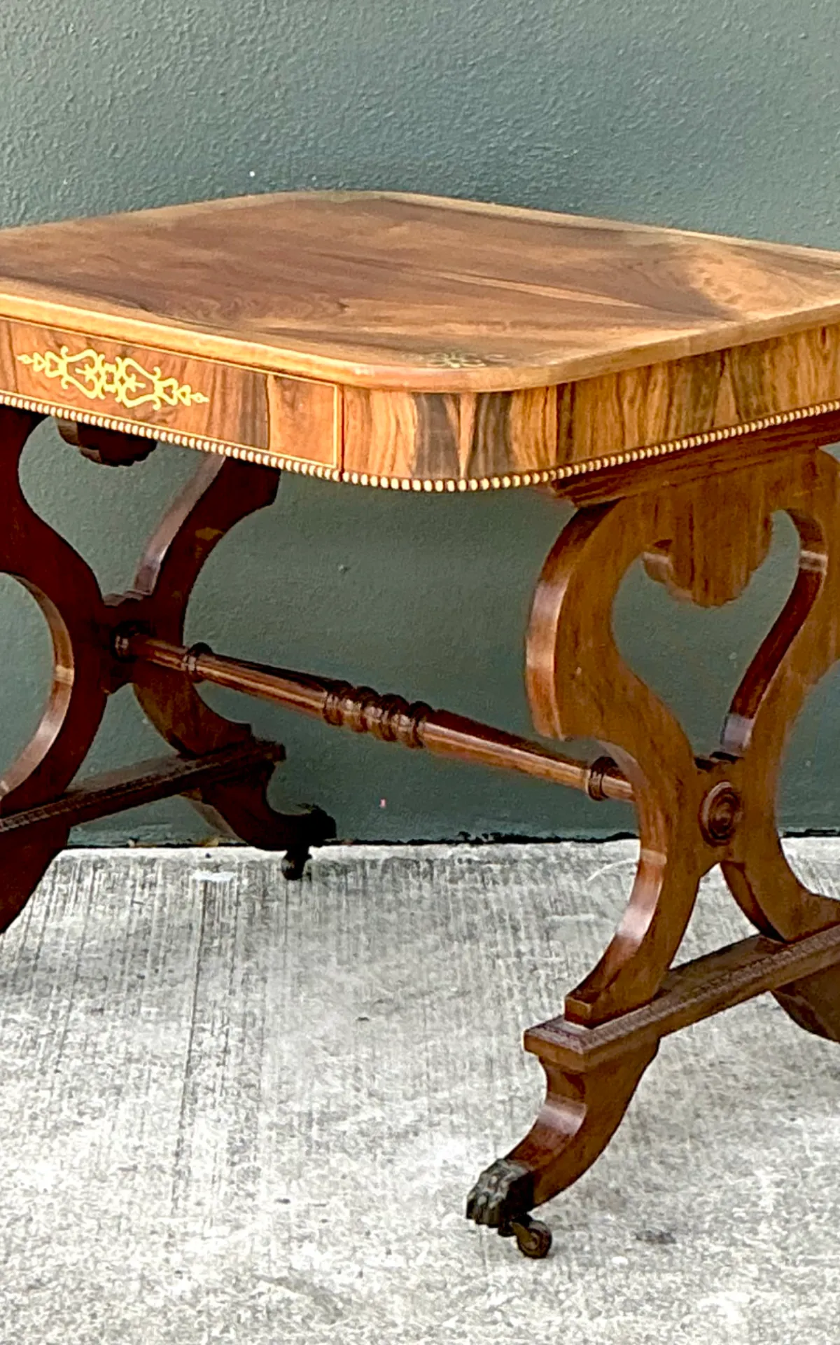 Vintage Wood and Brass Inlaid Side Table