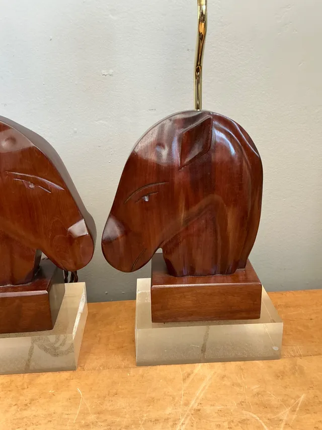 Vintage Carved Wood Horse Lamps on Lucite Base - A Pair — additional photo 3