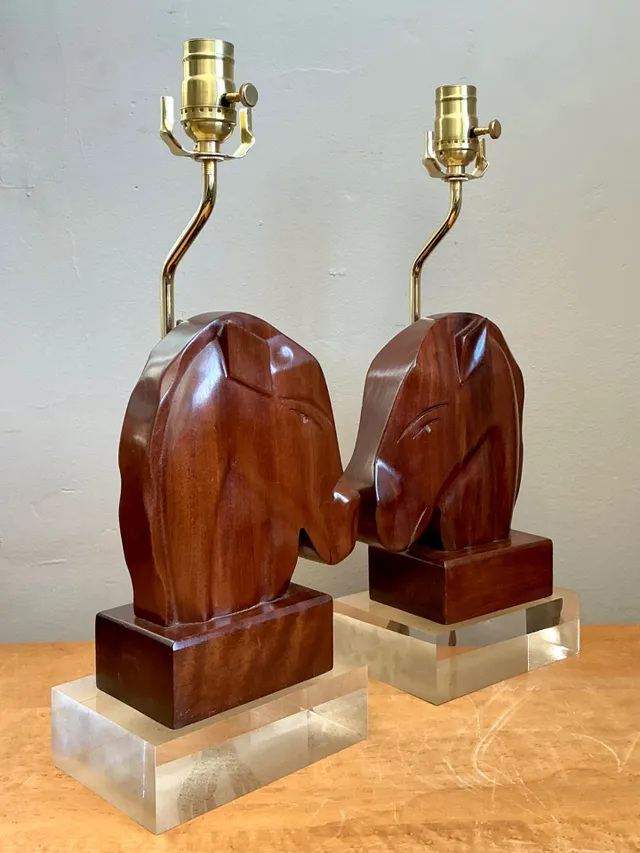 Vintage Carved Wood Horse Lamps on Lucite Base - A Pair — additional photo 5