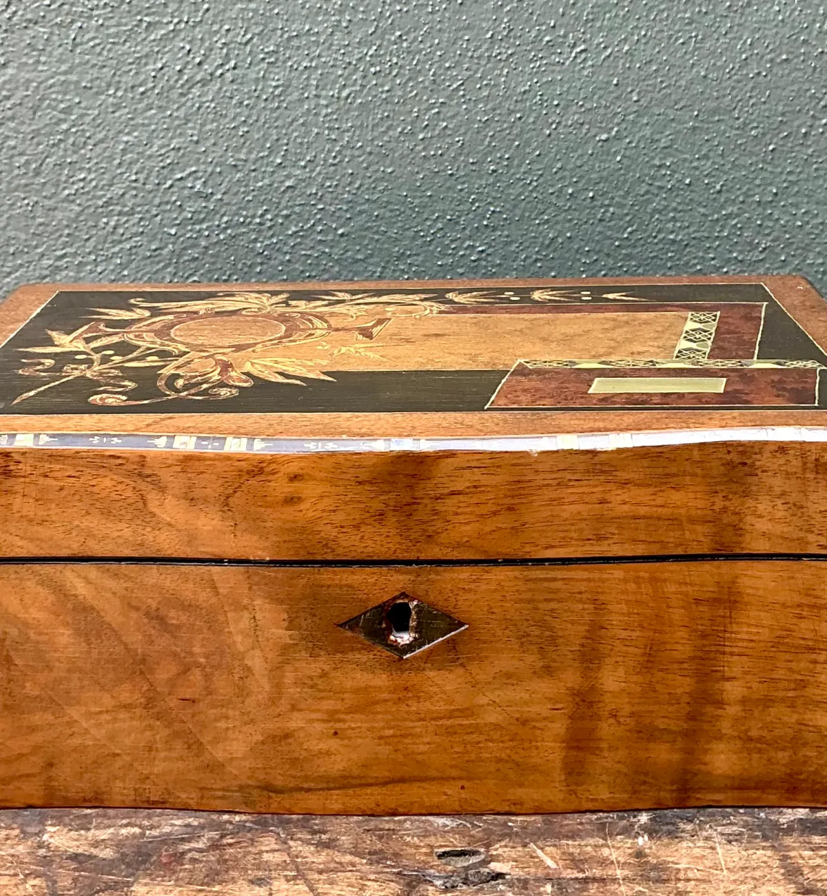 Vintage Wood Inlay Writing Desk With Inkwells