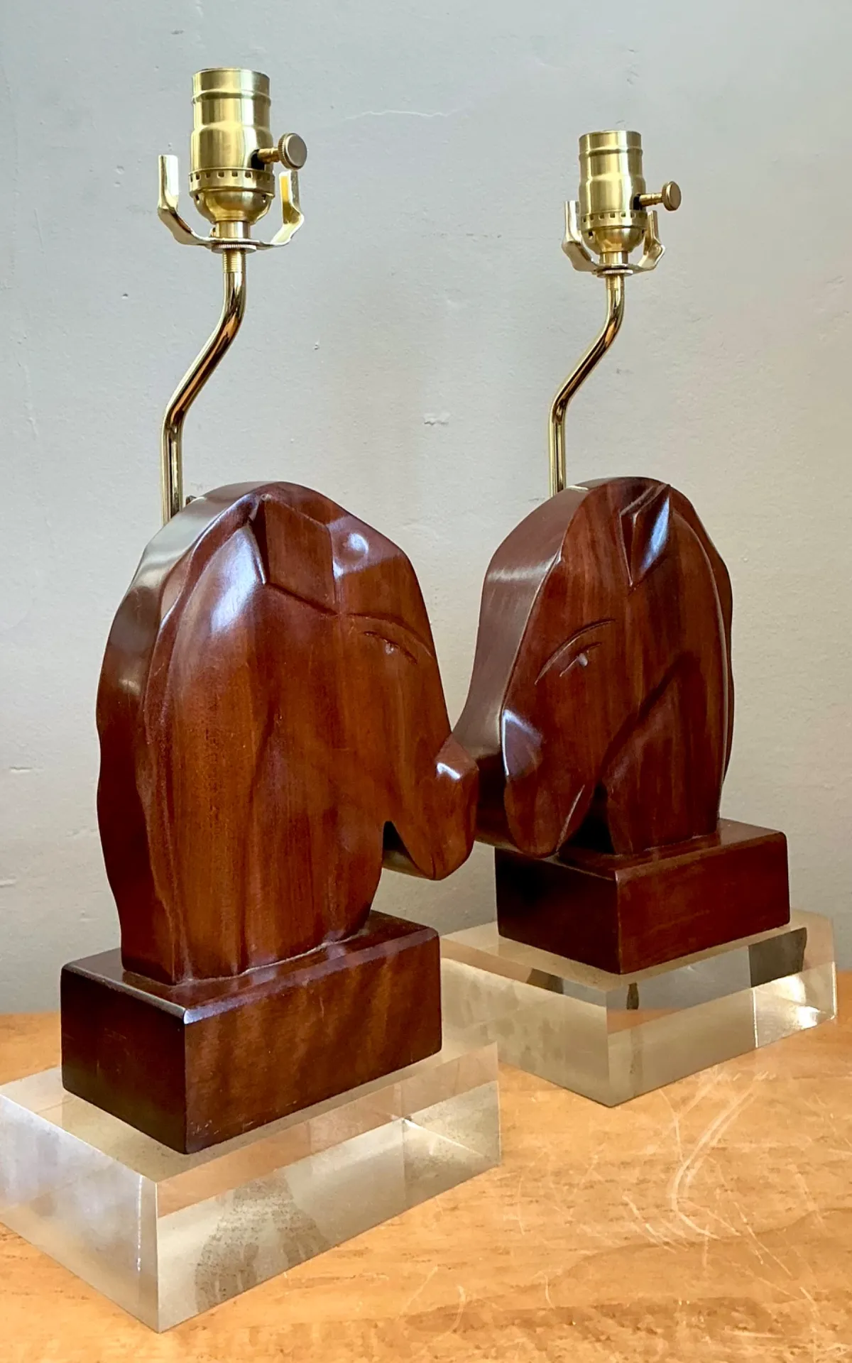 Vintage Carved Wood Horse Lamps on Lucite Base - A Pair