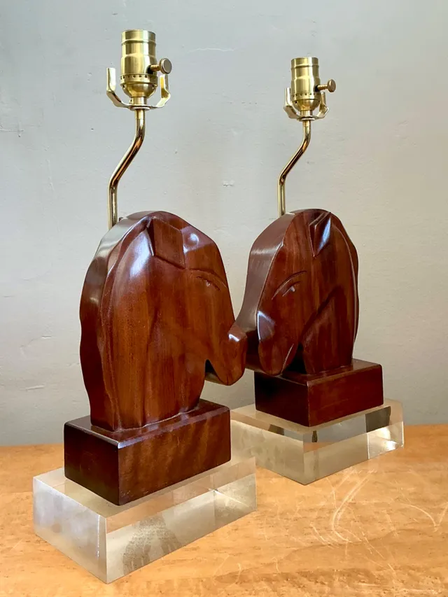 Vintage Carved Wood Horse Lamps on Lucite Base - A Pair — additional photo 1