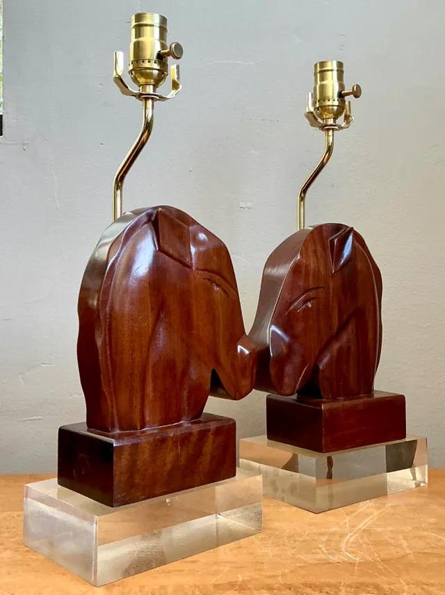 Vintage Carved Wood Horse Lamps on Lucite Base - A Pair — additional photo 7