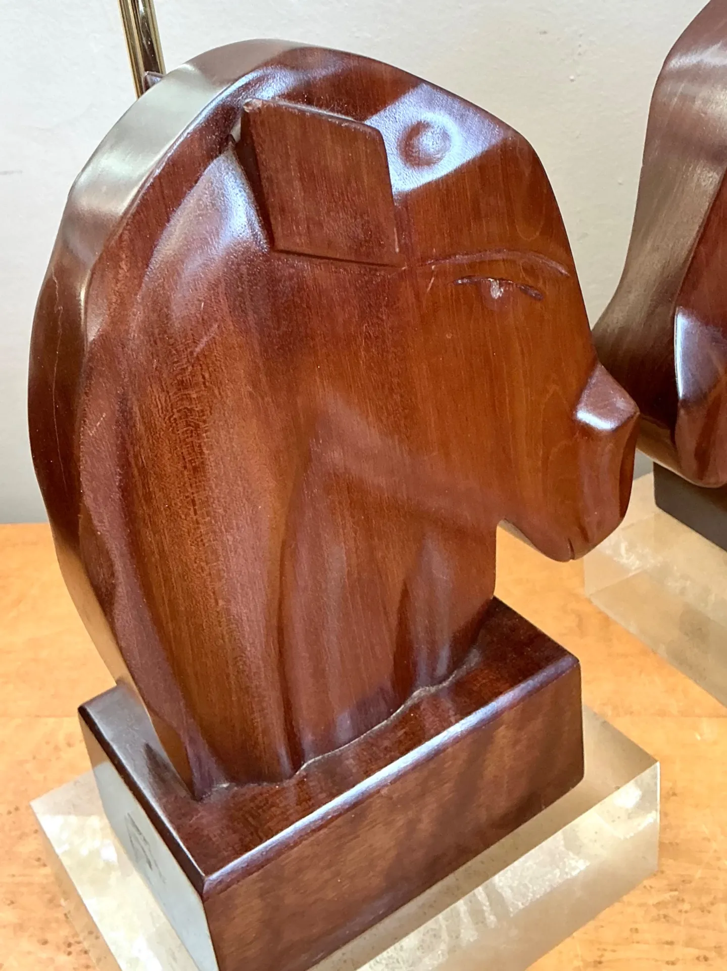 Vintage Carved Wood Horse Lamps on Lucite Base - A Pair — additional photo 8