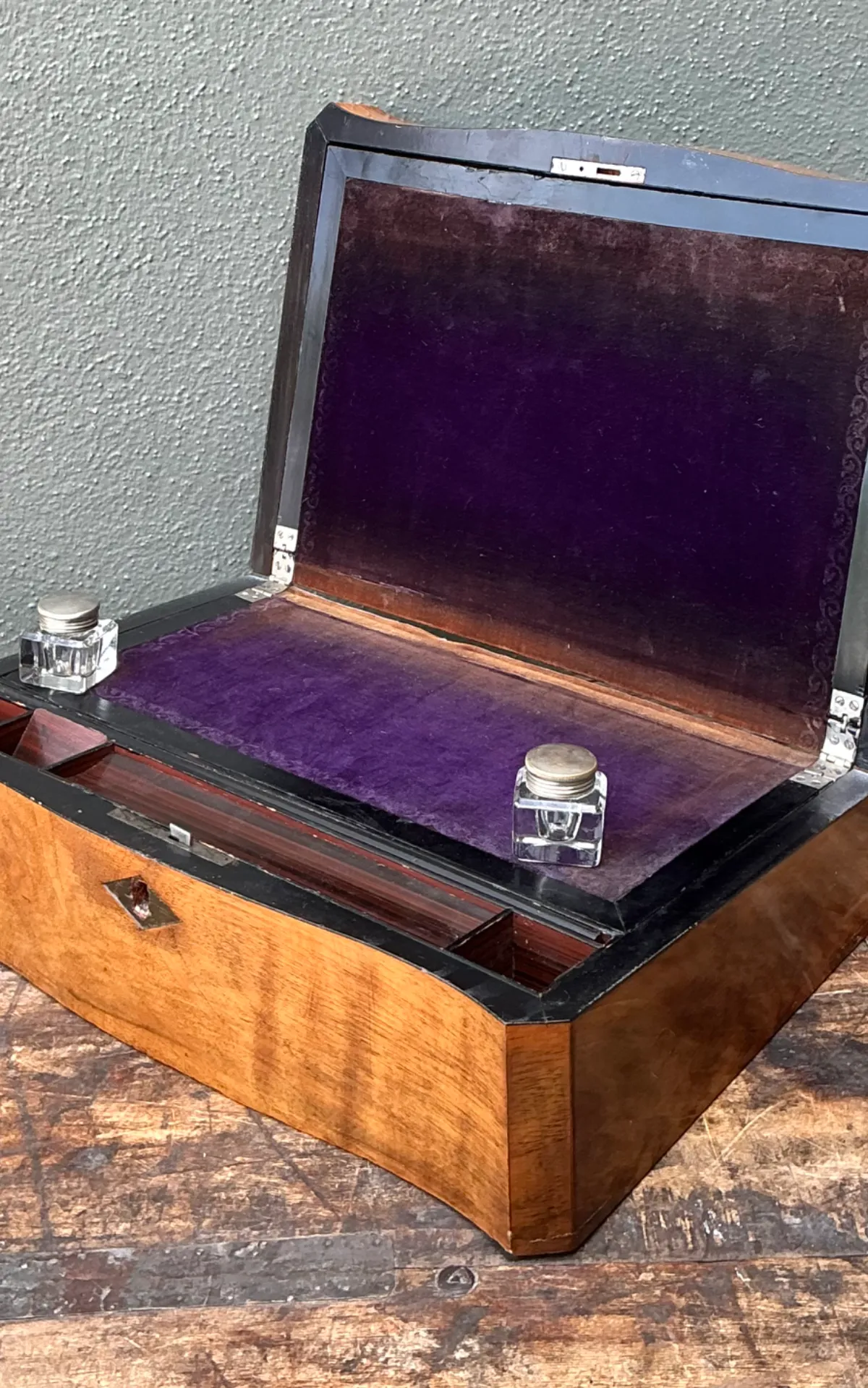 Vintage Wood Inlay Writing Desk With Inkwells — additional photo 3