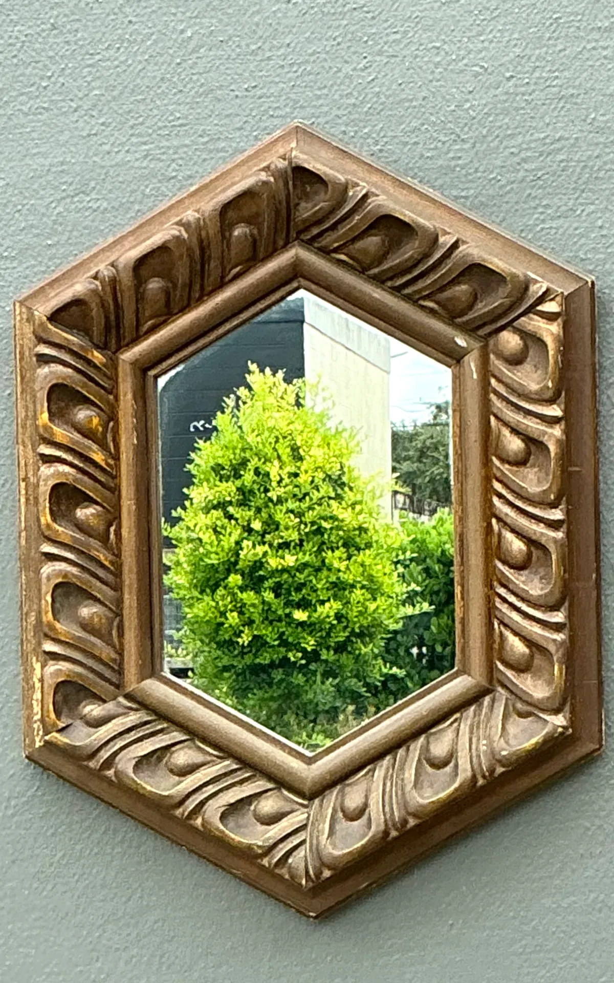 Vintage Italian Hexagonal Carved Wood Mirror — additional photo 5