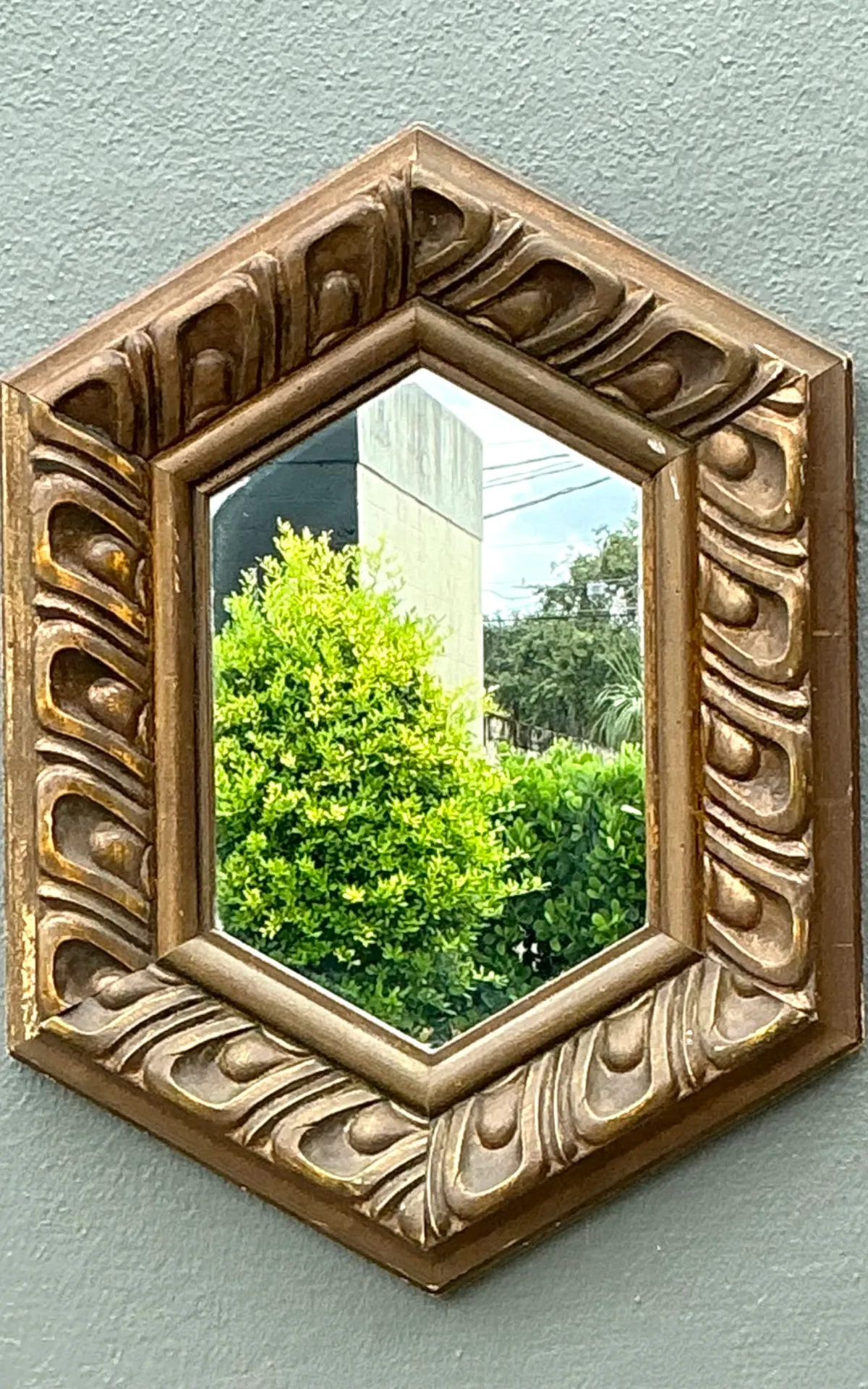 Vintage Italian Hexagonal Carved Wood Mirror — additional photo 1