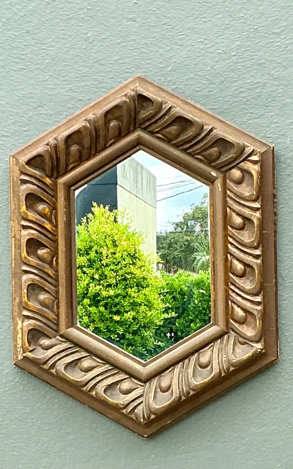 Vintage Italian Hexagonal Carved Wood Mirror — additional photo 4
