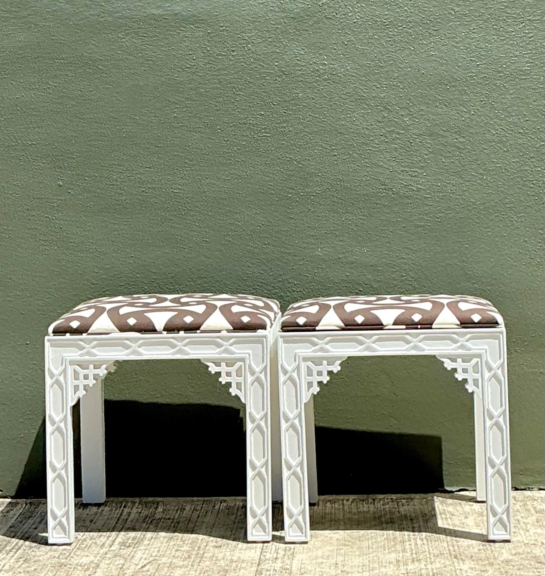 Vintage White and Brown Fretwork Upholstered Stools - A Pair — additional photo 1