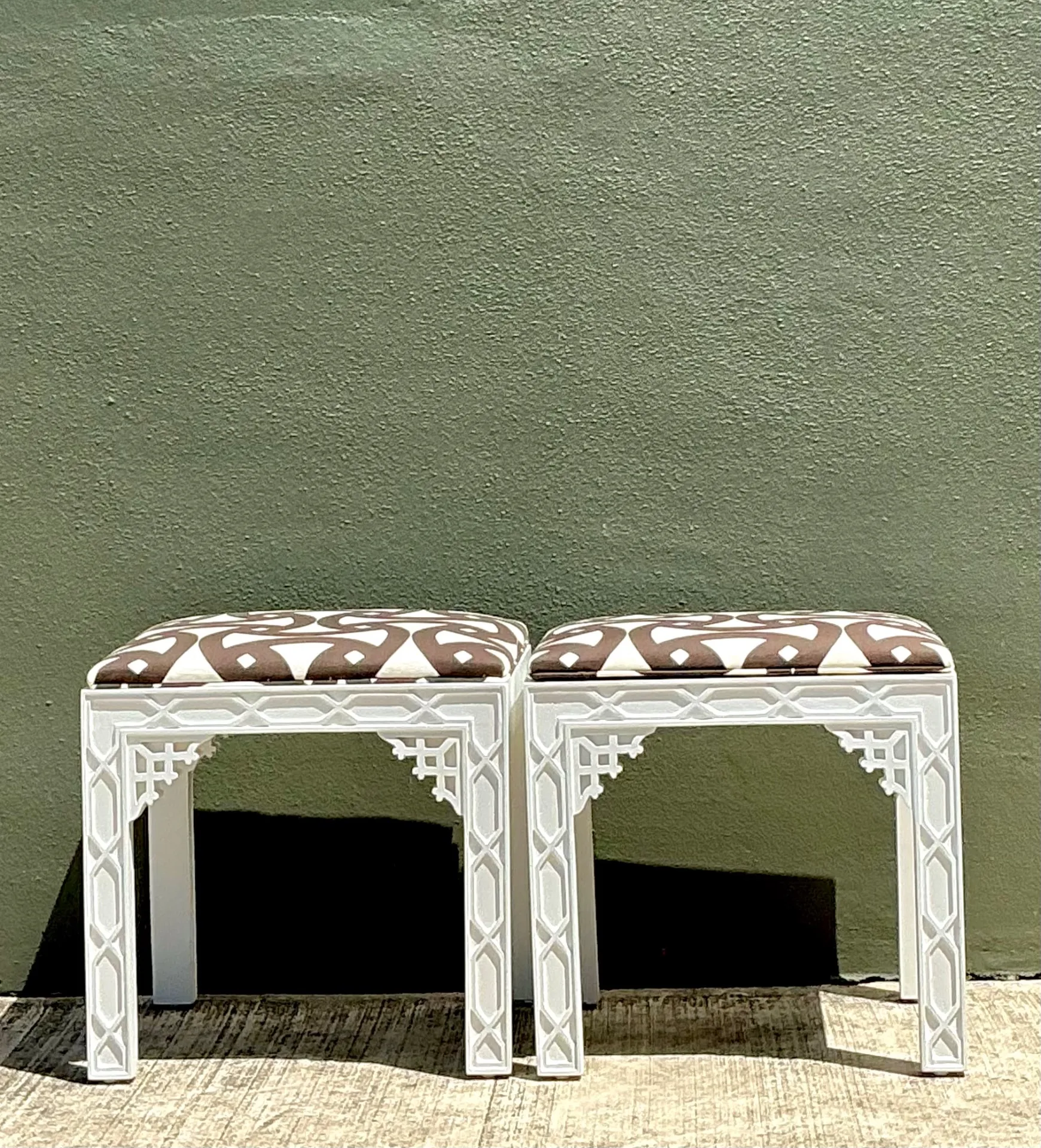 Vintage White and Brown Fretwork Upholstered Stools - A Pair — additional photo 5